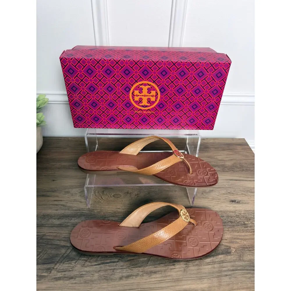 Iconic Rare Tory Burch Thora Leather Flip Flops Tan Gold New In Box Size 10